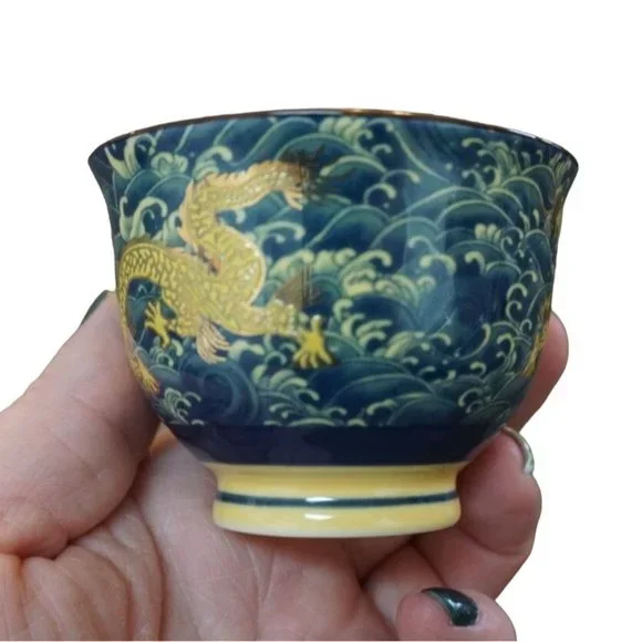 Chinese Golden Dragon Teacup Teapot Blue Red Ball Luck Sea Waves Signed READ - Picture 4 of 16